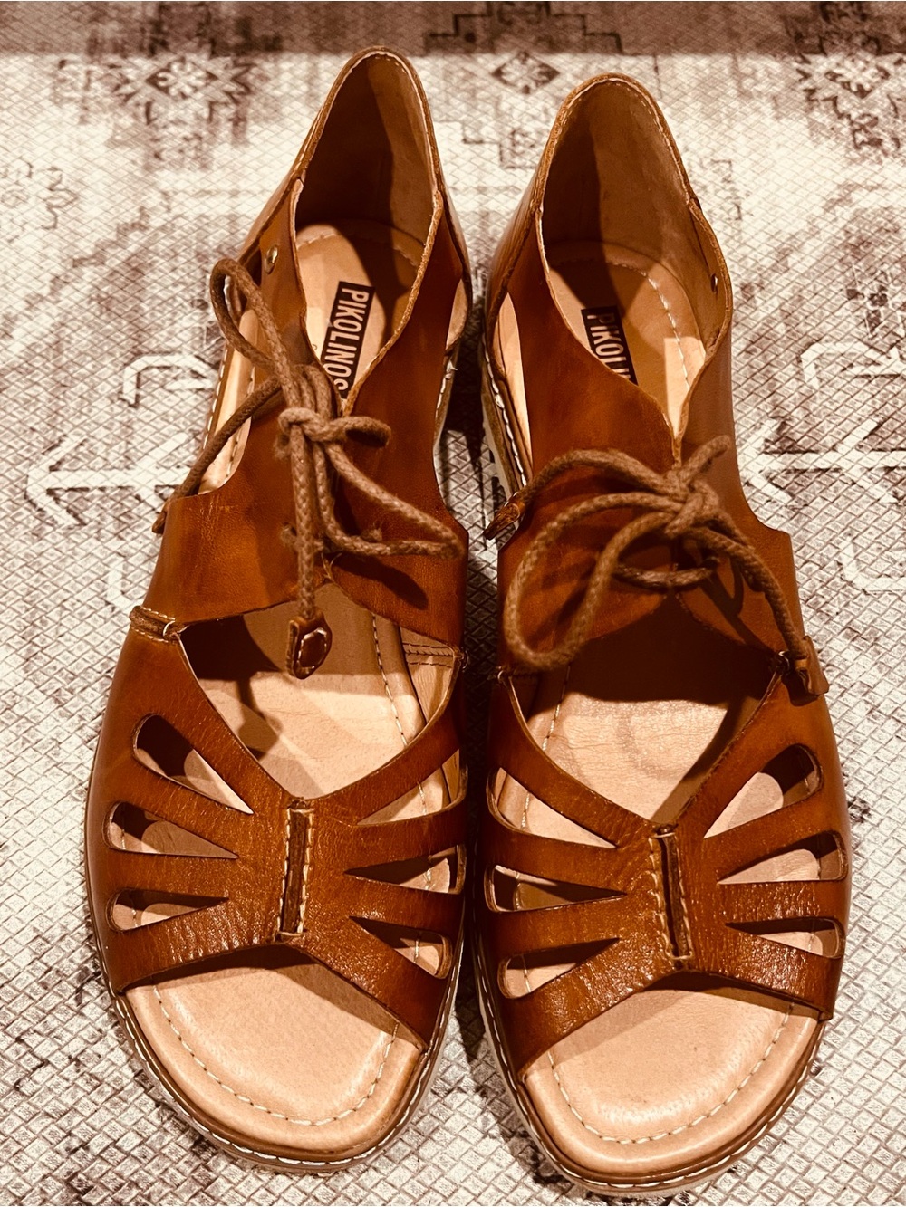 PIKOLINOS Cognac Leather Cutout Sandals Alcudia Tan Womens 9 Roquetas Mykonos